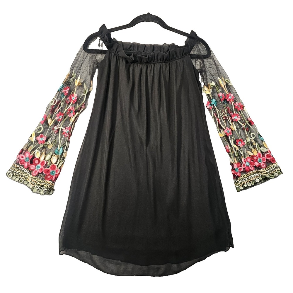 Boho Mini Dress Sz S Off The shoulder embroidered Sleeves Fairy Mesh‎ Whimsigoth